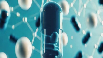 Poster - Blue Medical Capsule Surrounded by Abstract Elements Representing Science and Healthcare Innovations