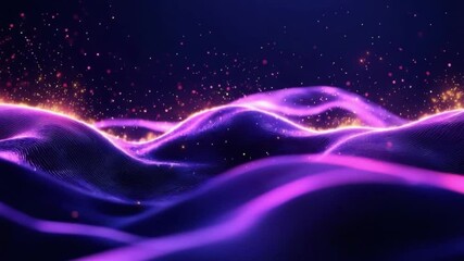 Poster - colorful abstract waves with glowing particles and light sparkles in a digital universe landscape