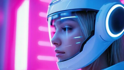 Poster - Futuristic Portrait of a Woman in a High-Tech Helmet with Neon Lights in the Background