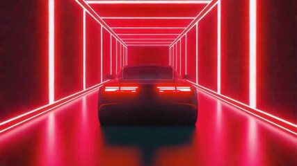 Poster - Futuristic Electric Vehicle in Neon Lit Tunnel with Glowing Walls and Modern Design Elements