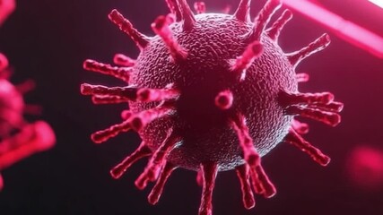 Poster - Close-up Visualization of Virus Cell with Red Color and Intricate Structure in a Scientific Setting