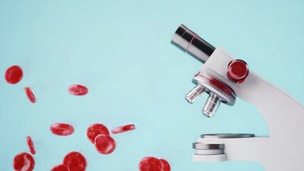 Poster - Colorful microscope with red cells on a blue background for scientific research and medical analysis concept