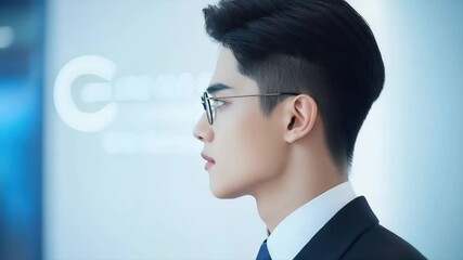 Poster - Professional young man in formal attire with glasses looking confidently in a modern office environment