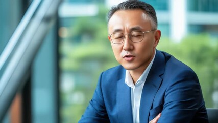 Poster - Professional Asian man in glasses wearing blue suit sitting in modern office setting with natural light