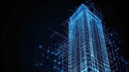 Poster - futuristic 3d visualization of a skyscraper with neon lights and digital design elements at night