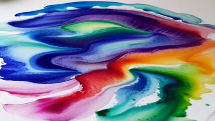 Poster - Fluid abstract rainbow colored paint streaks with wavy texture on white surface, mixing with swirling vibrant colors on wet background