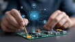 © Premium Graphics - Closeup of hands soldering PCB semitransparent overlay of floating IoT icons Wi Fi sensor node gateway Internet of Things connectivity concept