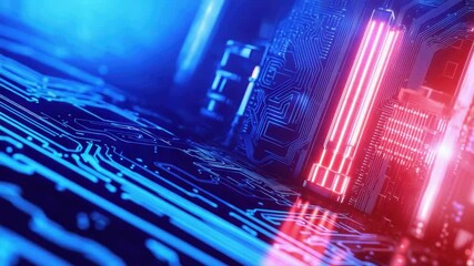 Poster - Futuristic Abstract Background with Neon Lights and Circuit Board Design in Blue and Red Tones