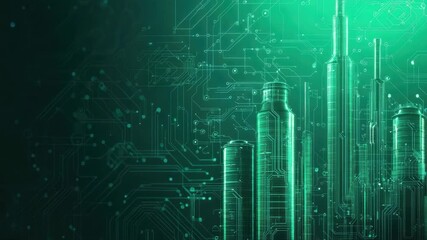 Poster - Futuristic Cityscape with High-tech Skyscrapers and Digital Background in Neon Green and Blue Tones
