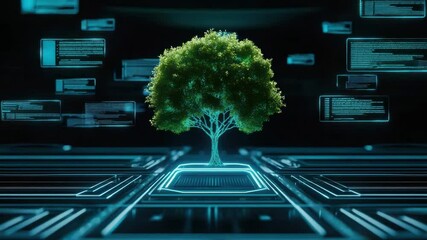 Poster - Futuristic Green Tree on Computer Circuit Board with Digital Data Overlay in a Technology Concept Setting