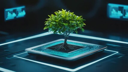 Poster - Futuristic Concept of Digital Nature with Tree on Circuit Board Representing Technology and Environment Harmony