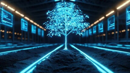 Poster - futuristic neon blue tree in dark high-tech environment with digital display technology background