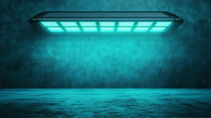 Poster - Futuristic Neon Light Fixture Illuminating a Dark Industrial Space with a Blue Glow and Textured Wall Background