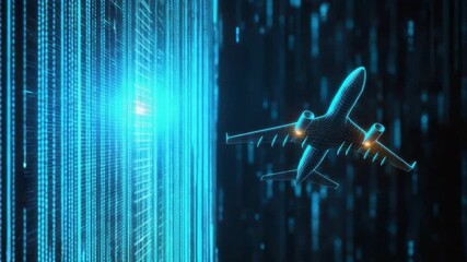 Poster - Futuristic Airplane Flying Through Digital Data Stream with Bright Neon Visuals and Technology Background