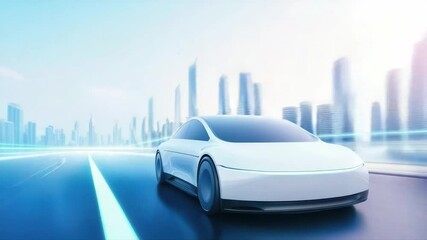 Poster - Futuristic Electric Car Driving on Urban Road with Modern Skyscrapers in Background