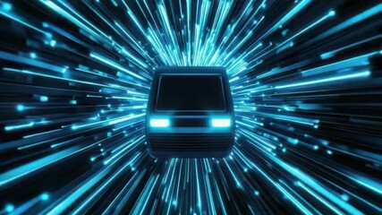 Poster - futuristic vehicle in abstract light tunnel with vibrant blue streaks representing speed and movemen