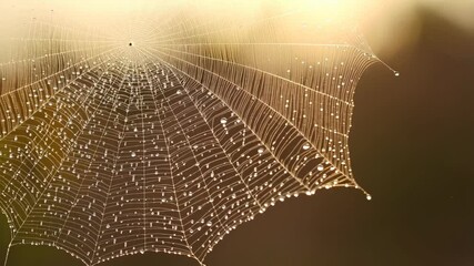Wall Mural - Detailed spiderweb close-up with water droplets glistening against a blurred background, illuminated by sunlight's soft glow and bokeh effect.