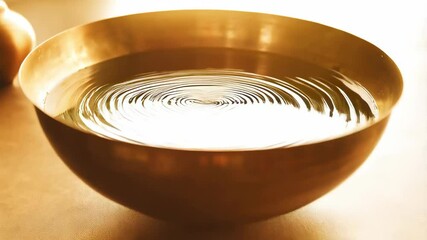 Poster - Golden light reflecting on the surface of clear liquid in motion, creating circular ripples and waves inside a metallic bowl, shimmering.