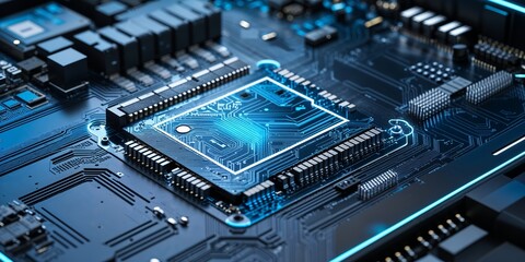 Poster - Circuit board with intricate components lit by blue LED lights showcasing modern technology and design