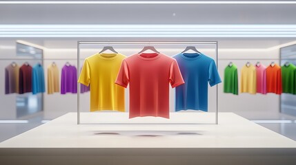 Poster - Colorful TShirt Mockup Display Modern Fashion Apparel Store Showroom Bright Yellow Red Blue Summer Casual Style Clothing Design Template Product Presentation Minimalist Background 