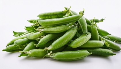 bountiful pile of fresh green snap peas displayed on white background ready for culinary use