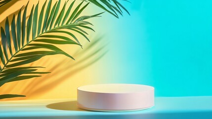 Poster - Summer Tropical Pastel Product Display Platform Minimalist Background Scene Elegant Showcase Yellow Turquoise Palm Leaves Summertime Presentation Mockup Studio Shot leaf image     