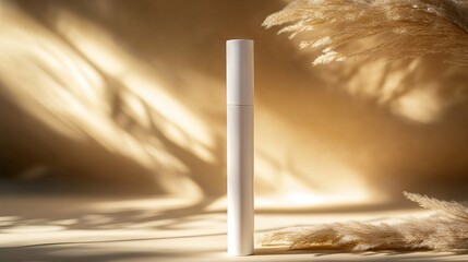 Poster - Elegant White Cosmetic Tube Product Mockup Beige Background Minimalist Branding Natural Light Pampa Grass Shadows Soft Aesthetic Beauty Packaging Design Template cream image photo 