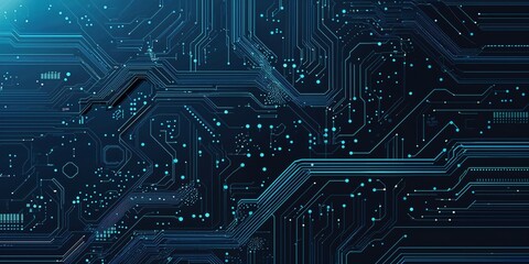Poster - Intricate circuit board design showcasing blue patterns on dark background depicting modern technology in a digital landscape