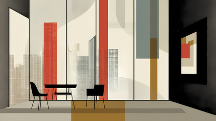 Wall Mural - light office room behind glass doors, panoramic windows and mockup. minimalist. illustration