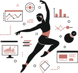Poster - Female dancer silhouette performing ballet movements with business analytics charts background vector illustration 