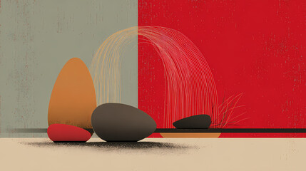 Wall Mural - minimalist abstract background, serene landscape with sand and rocks, soft morning light, illustrati