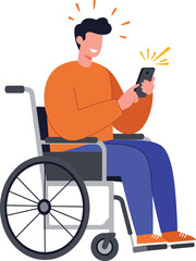Poster - Man in wheelchair using smartphone with cheerful expression and casual clothing vector illustration 