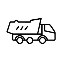 Poster - Outlined dump truck with three wheels and a tilted container for hauling materials shown in profile view