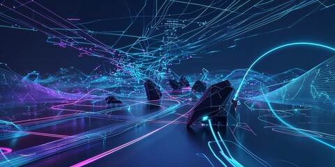 Aufkleber - Futuristic digital landscape with vibrant neon colors and intricate data connections at night