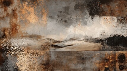 Wall Mural - Abstract Brown Beige Landscape Painting with Metallic Texture