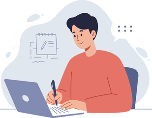 Poster - young man writing notes while using laptop for online study or work in digital workspace vector illu