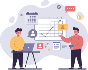 Poster - Business teamwork collaboration with data analysis and digital communication in office environment vector illustration 