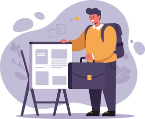 Poster - Young man presenting business plan with briefcase and backpack in office setting vector illustration 