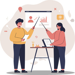 Poster - Business meeting presentation with two colleagues analyzing data and charts in office vector illustration 
