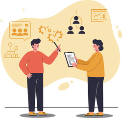 Poster - Business teamwork planning and collaboration concept with people discussing ideas and charts in orange and black clothing vector illustration 