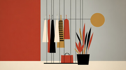 Wall Mural - modern minimalist wardrobe with neatly arranged clothing, potted plants, and a handbag, set against 