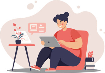 Poster - Person using tablet at home surrounded by books and plant in casual lifestyle setting vector illustration 