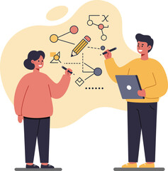 Poster - Two people brainstorming and collaborating on strategy with laptop and diagrams vector illustration 