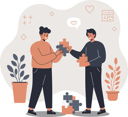 Poster - Two men collaborating to connect puzzle pieces in teamwork concept vector illustration with plants and abstract background 