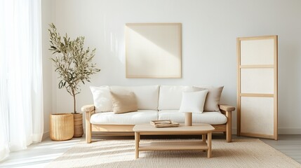 Poster - Modern living room design featuring natural materials and neutral colors, showcasing comfort and simplicity during daylight hours