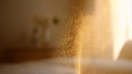 Poster - Golden particles floating gently, sunlit background with soft focus, sparkling dust, light airy atmosphere creating abstract scene.