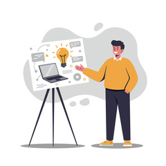 Poster - man presenting innovative ideas with laptop and light bulb concept in casual outfit vector illustrat