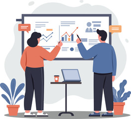 Poster - Business professionals analyzing financial charts and data presentation in modern office environment vector illustration 
