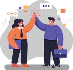 Poster - Business teamwork concept with man and woman high five celebrating success in office environment vector illustration 