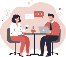 Poster - Two people having coffee break with laptop and chat bubbles in casual office setting vector illustration 